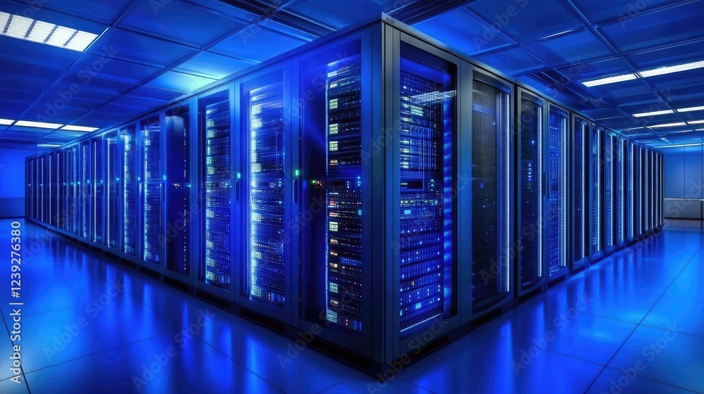 A futuristic data center featuring rows of illuminated servers with blue lighting, emphasizing advanced technology, reliability, and efficient IT infrastructure. Ideal for IT and technology-related ad A futuristic data center featuring rows of illuminated servers with blue lighting, emphasizing advanced technology, reliability, and efficient IT infrastructure. Ideal for IT and technology-related ad