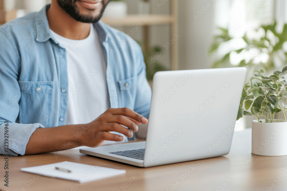 Person working on laptop at home desk with potted plant and notepad nearby Person working on laptop at home desk with potted plant and notepad nearby
