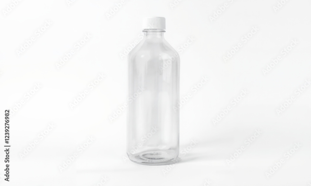 Clear plastic bottle with white cap, ideal for mockups and packaging designs. transparent design allows for showcasing contents effectively Clear plastic bottle with white cap, ideal for mockups and packaging designs. transparent design allows for showcasing contents effectively