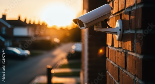 Outdoor surveillance camera overlooking suburban street at sunset