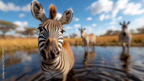 An up-close shot of curious zebras peering out of the water, capturing the essence of wildlife with their striking patterns against a vibrant backdrop of nature. photo