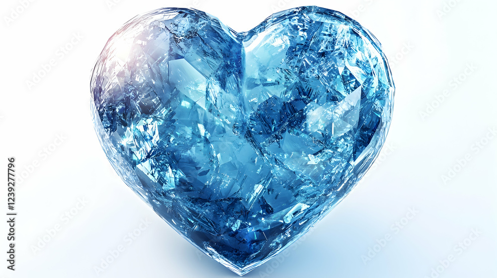 A blue crystal heart glowing softly against pure white background. A blue crystal heart glowing softly against pure white background.