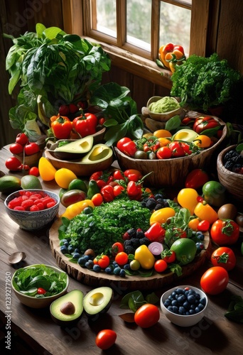 colorful array nutrient dense food ingredients highlighting freshness culinary brilliance, nutrition, richness, vegetables, fruits, bowls, plates