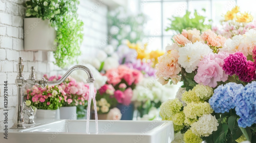 Obraz premium Close up water flows from the tap into a large white sink, pastel colors image without shadows and dark colors, flower shop , surrounded by an array of vibrant pastel-colored flowers.