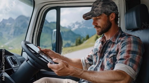 Trucker using tablet in mountain landscape