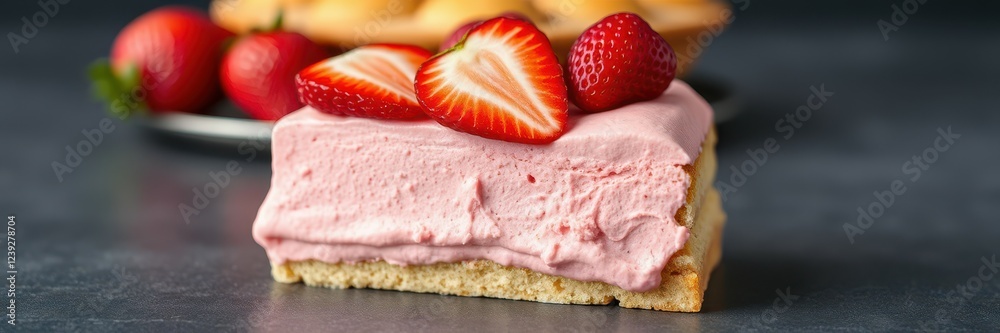 Delicious strawberry cream dessert served on a plate with fresh strawberries in the background Delicious strawberry cream dessert served on a plate with fresh strawberries in the background