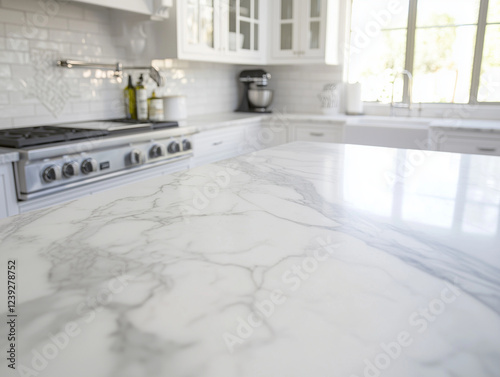 Modern White Kitchen Countertop with Marble Finish and Minimalist Decor in a Bright Interior