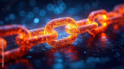 Glowing orange chain link illuminated against a blurred blue background, symbolizing connection and strength