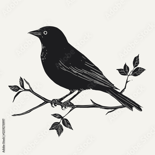 Vector lino cut print of a black thrush bird Blackbird Turdus merula icon isolated on white background. Vector illustration for nature design