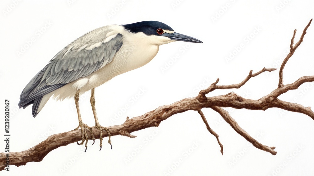 Fototapeta premium Night Heron perched on branch, white background, nature illustration, wildlife poster