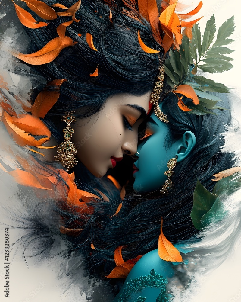 Fototapeta premium Ethereal Portrayals of Divine Celestial Love and Spiritual Bond Stunning portrait of two entwined figures in a graceful dance