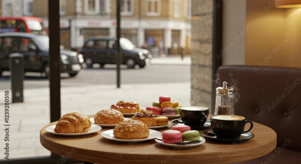 Fototapeta premium A London bakery, a table with golden croissants and other confectionery and coffee showcasing their flaky texture and fresh-baked aroma in a warm, inviting atmosphere.