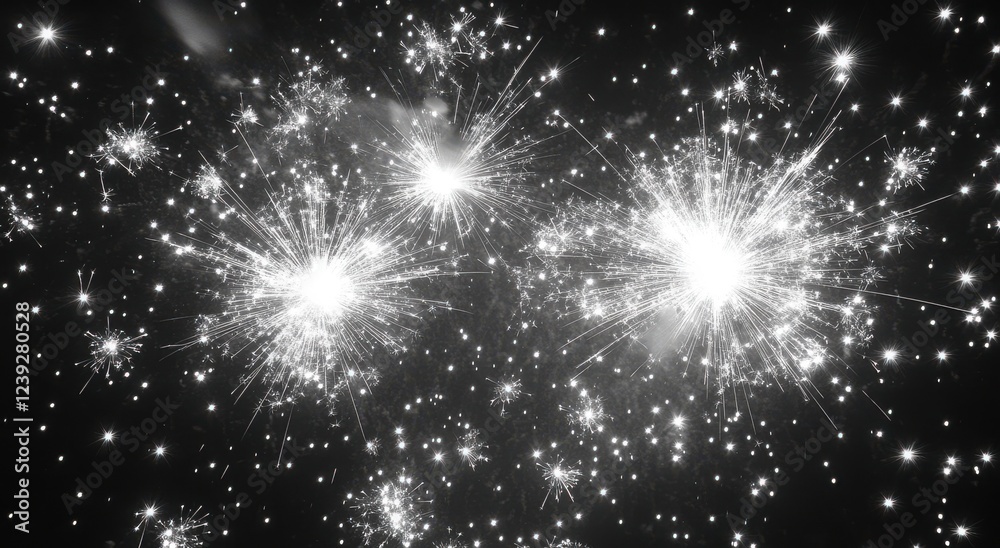 Naklejka premium Spectacular display of radiant fireworks illuminating the night sky with shimmering sparks and bright flashes, creating a mesmerizing visual experience