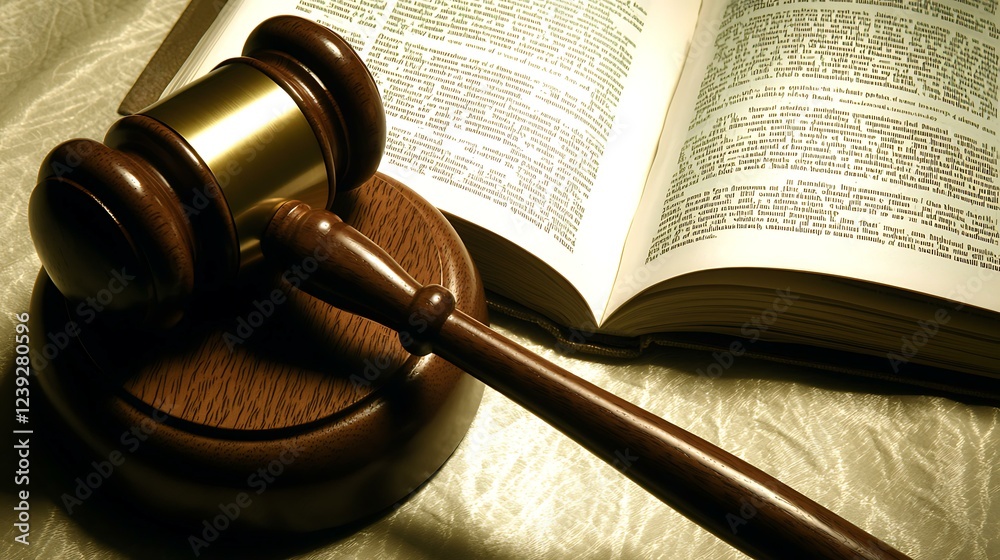 A balanced composition of a courtroom gavel beside an open legal book, lit with moody lighting for a professional and solemn atmosphere A balanced composition of a courtroom gavel beside an open legal book, lit with moody lighting for a professional and solemn atmosphere