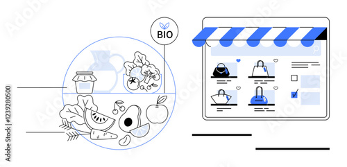 Organic food items such as fruits, vegetables, and a jar of preserved goods beside a digital storefront displaying bags and accessories. Ideal for e-commerce, eco-friendly products, digital shopping