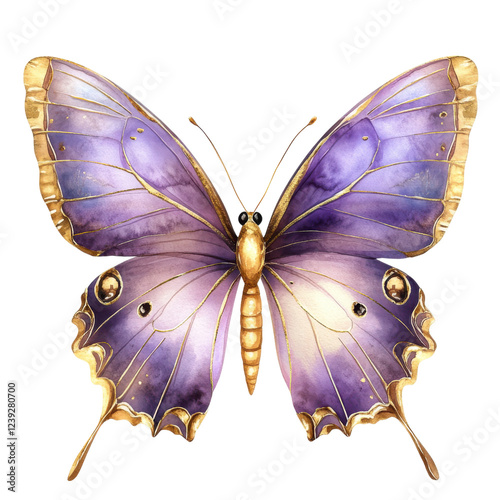 A vibrant butterfly with intricate purple wings and golden accents.