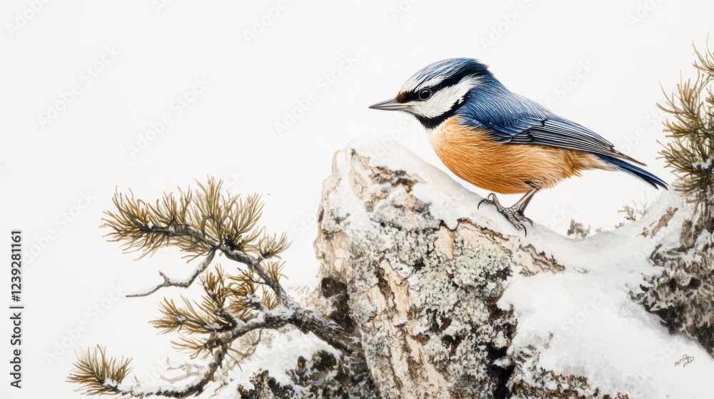 Fototapeta premium Nuthatch perched on snowy rock, winter scene, nature photography, wildlife