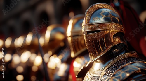 A striking image showcasing intricately designed golden armor worn by knights during an impressive display, embodying strength, valor, and the spirit of chivalry. photo