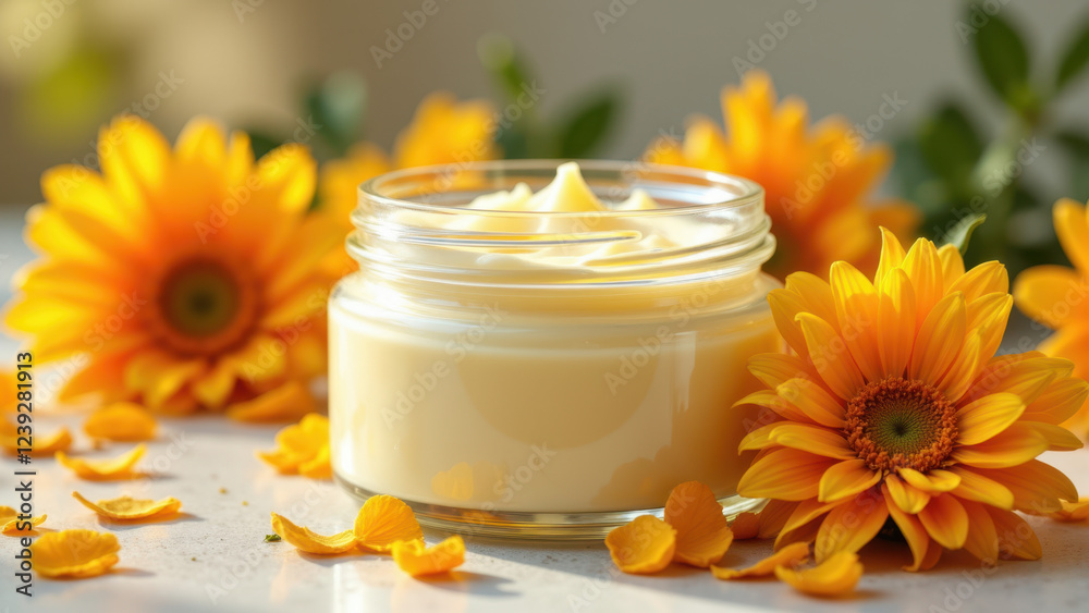 Beef tallow in a jar surrounded by sunflower petals. Beef tallow in a jar surrounded by sunflower petals.