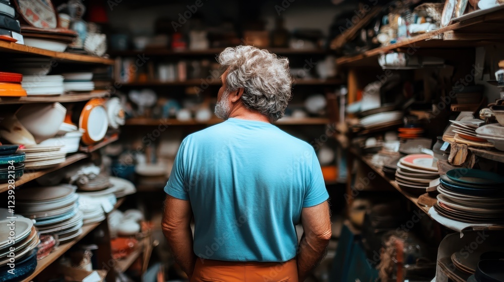 A thoughtful elderly man stands in a colorful vintage store, looking at a diverse array of beautiful antiques, evoking feelings of nostalgia and appreciation for the past. A thoughtful elderly man stands in a colorful vintage store, looking at a diverse array of beautiful antiques, evoking feelings of nostalgia and appreciation for the past.