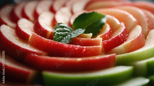 An artistic display of red and green apple slices spiraling elegantly, adorned with mint leaves for a fresh and appealing visual that entices the senses. photo