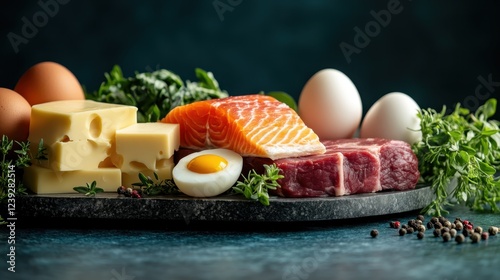 An appealing and colorful selection of assorted foods including cheese, salmon, and eggs, artfully positioned on a rustic slate plate, inviting culinary creativity.