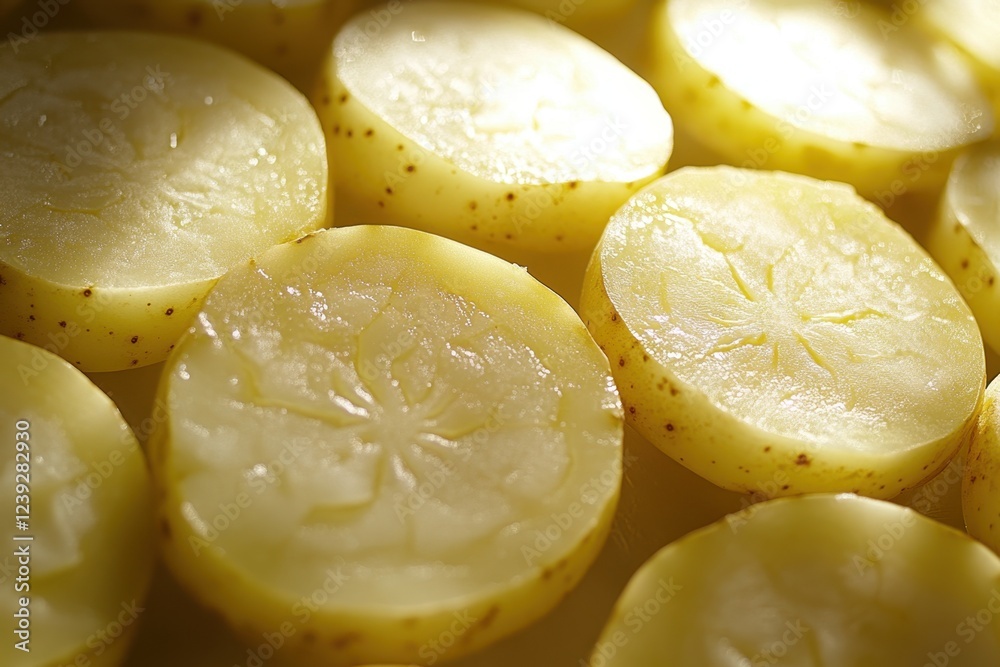 Sliced yellow potatoes arranged neatly on a tray in bright natural light Sliced yellow potatoes arranged neatly on a tray in bright natural light