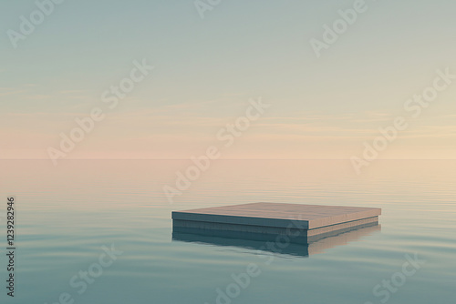 Minimalist Floating Dock on a Calm Reflective Lake with Soft Pastel Tones and Tranquil Atmosphere