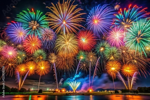 Vibrant Fireworks Explosion Isolated on Black Night Sky - Festive Celebration Stock Photo