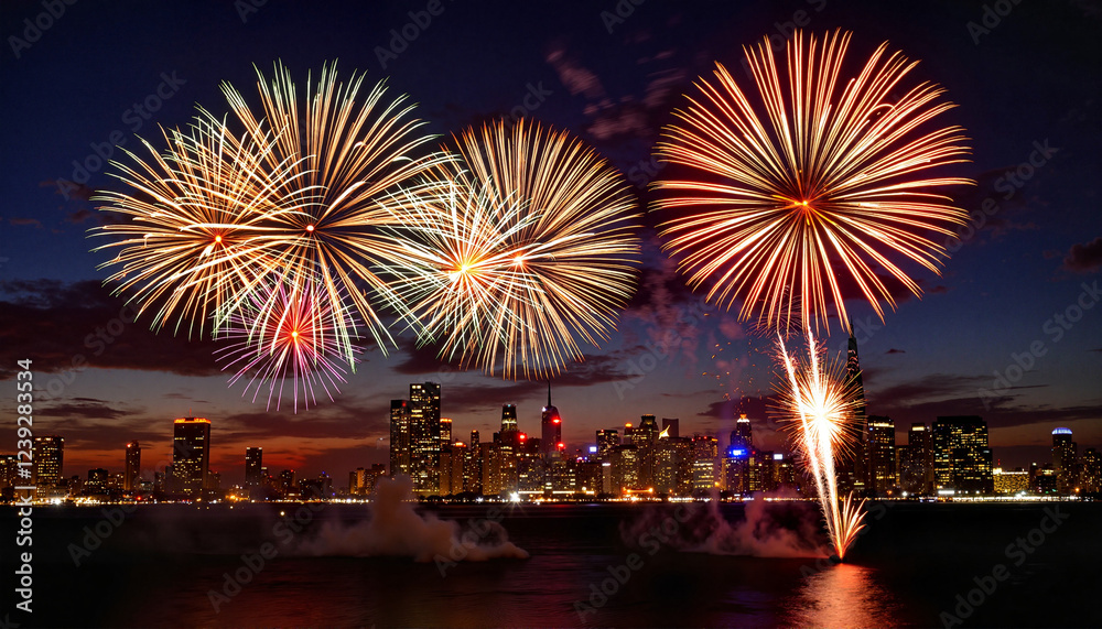 Obraz premium Midnight fireworks display illuminating city skyline, festive celebration
