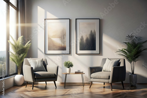 Sunlit Modern Living Room with Gray Armchairs and Landscape Artwork and Plants in a Peaceful Setting