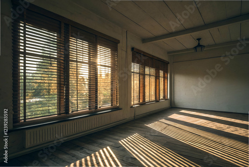 Sunlit Abandoned Room With Wooden Blinds And Shadow Patterns