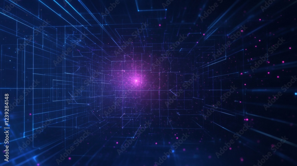 Obraz premium Abstract Digital Network Glowing Lines and Purple Core, Digital Art, Network Technology Digital,Abstract