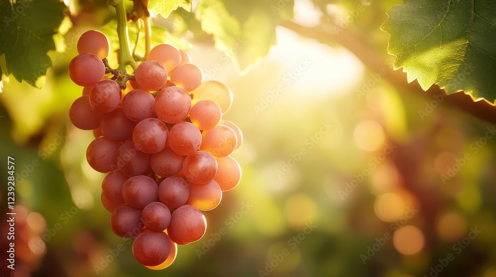 A bunch of ripe pink grapes hanging from lush green vines, illuminated by warm sunlight, creating a serene and inviting atmosphere.