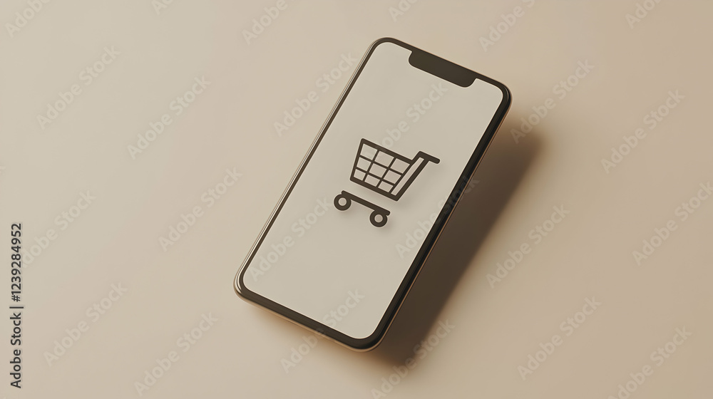 Smartphone displaying an online shopping cart icon on a plain background during a modern digital shopping experience Smartphone displaying an online shopping cart icon on a plain background during a modern digital shopping experience