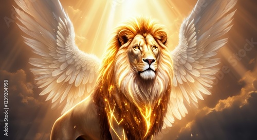 Majestic winged lion with glowing mane and radiant wings