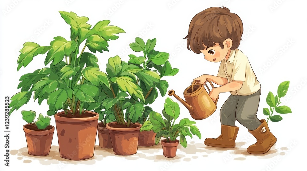 Young Boy Watering Indoor Plants in a Bright and Cheerful Garden Scene Young Boy Watering Indoor Plants in a Bright and Cheerful Garden Scene