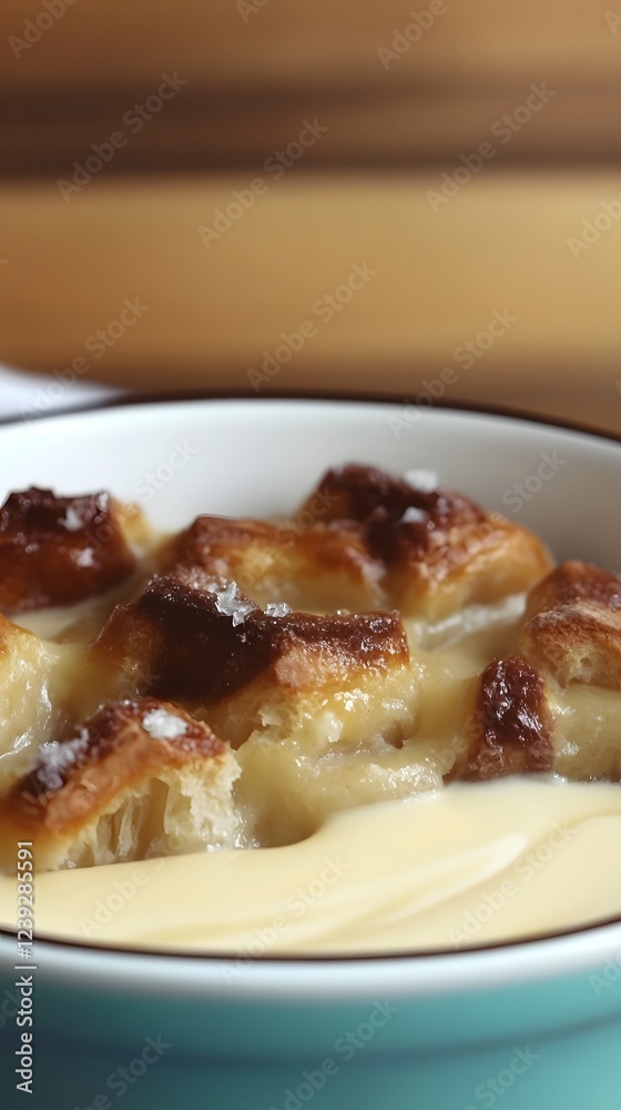 Decadent Bread Pudding: A mouthwatering close-up of a creamy bread pudding with a caramelized crust, nestled in a blue and white bowl. The warm, inviting colors and textures tantalize taste buds. Decadent Bread Pudding: A mouthwatering close-up of a creamy bread pudding with a caramelized crust, nestled in a blue and white bowl. The warm, inviting colors and textures tantalize taste buds.
