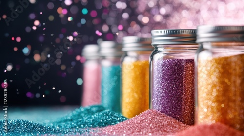 A captivating display of glitter jars showcases an array of sparkling colors, inviting creativity and joyous expression as it attracts the eye with its shimmering beauty. photo