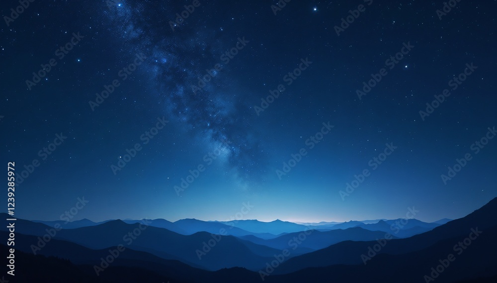 Naklejka premium A clear starry night sky filled with countless bright stars, with a silhouette of distant mountains below, soft natural lighting, calm and expansive composition