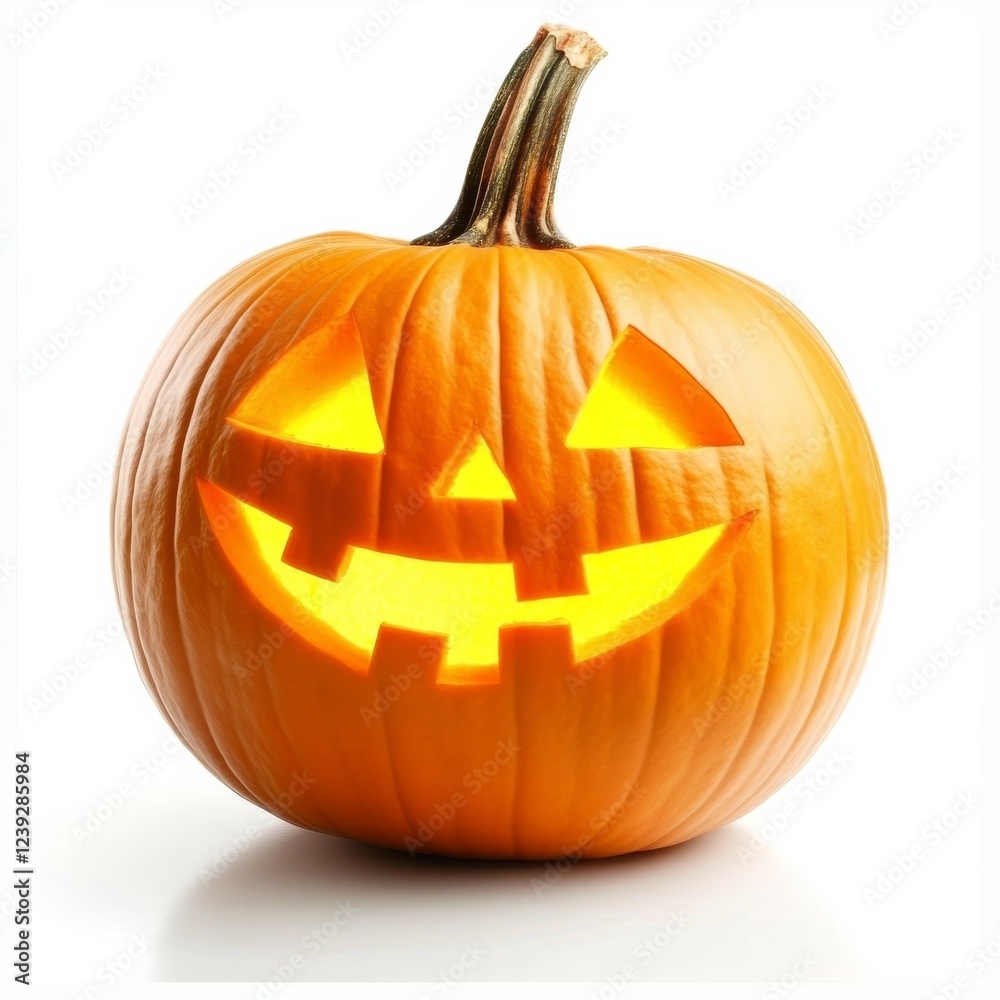 Obraz premium Illuminated Jack-o'-lantern Glowing Halloween Pumpkin, Close-up Studio Shot, White Background, Holiday Decoration Halloween, Pumpkin Carving