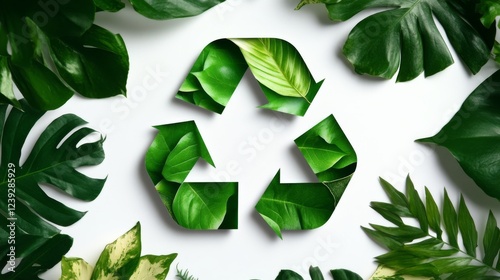 Wallpaper Mural Green Leaf Recycle Symbol Composition of Tropical Foliage, White Background, Eco-Friendly Concept Recycling, Sustainability Torontodigital.ca