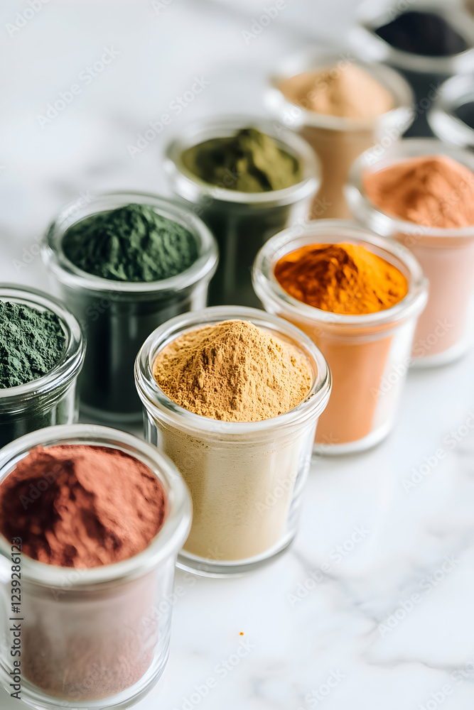 Various colorful spice powders arranged in small glass jars on a marble countertop Various colorful spice powders arranged in small glass jars on a marble countertop