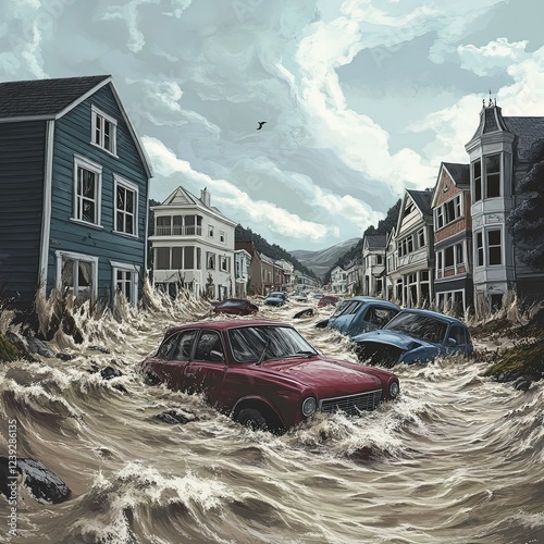 Floodwaters inundate a quiet town, overwhelming streets and vehicles during a storm