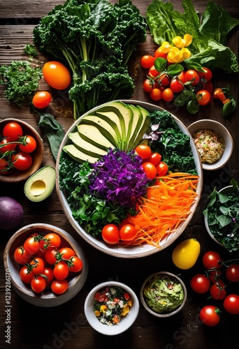 colorful wholesome vegetable bowls loaded fresh perfect healthy eating vibrant presentation, avocado, carrots, chickpeas, colors, dressing, freshness photo