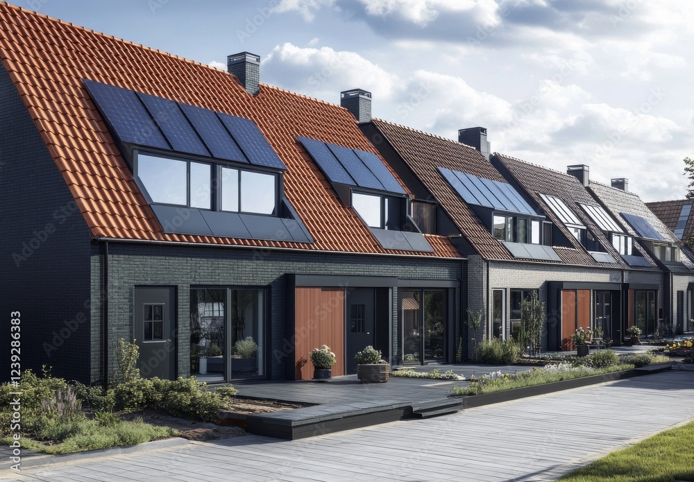 Modern Row Houses with Solar Roof Tiles Architectural Visualization, Sustainable Design,Energy Efficiency Sustainable housing,solar panels Modern Row Houses with Solar Roof Tiles Architectural Visualization, Sustainable Design,Energy Efficiency Sustainable housing,solar panels