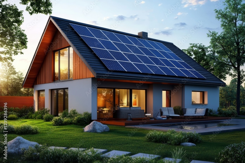 Modern Solar Home Architectural Visualization A-Frame Design with Pool, Solar Panels, Landscaping Sustainable Architecture, Eco-Friendly Home Modern Solar Home Architectural Visualization A-Frame Design with Pool, Solar Panels, Landscaping Sustainable Architecture, Eco-Friendly Home