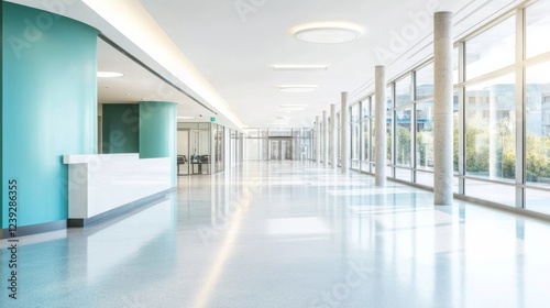 Wallpaper Mural Modern Office Lobby Teal Accent Wall, Glass Facade, Bright Interior, Minimalist Design, Long Exposure Photography Office Design, Interior Architecture Torontodigital.ca