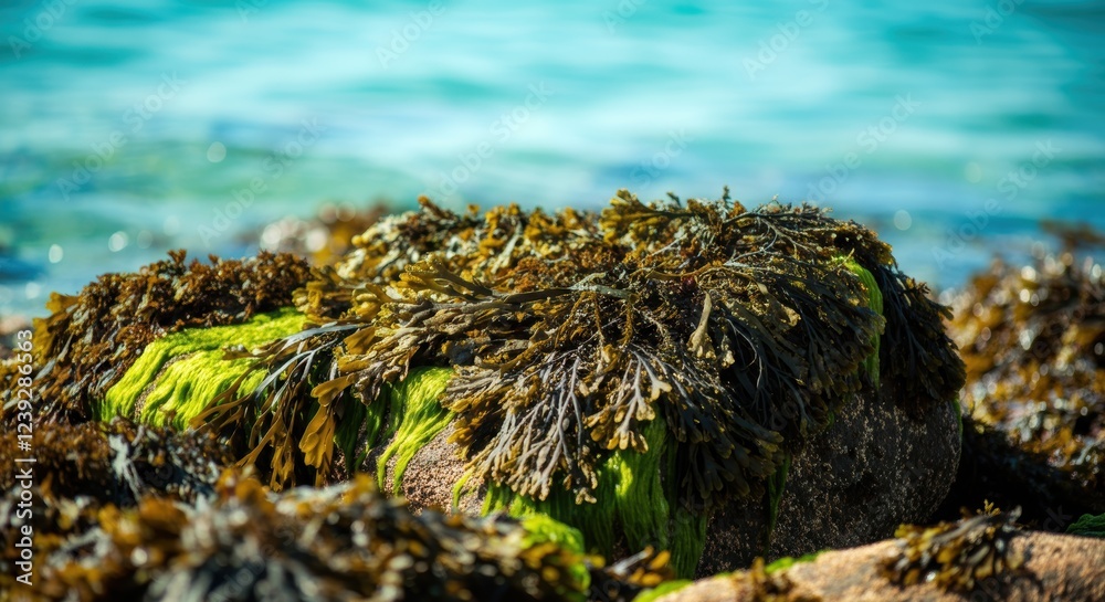 Vibrant seaweed and algae on rocks in sunlit coastal tide pool Vibrant seaweed and algae on rocks in sunlit coastal tide pool