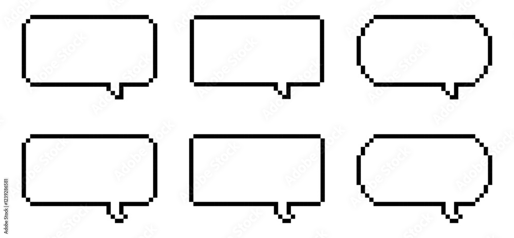 set of 6 Pixelated speech bubbles in different shapes, speech bubbles icons, speech bubbles for retro games, pixel art.	